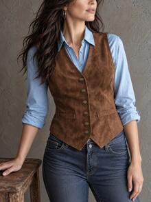 Women's Brown V-Neck Fitted Vest, Vintage Decorative Single-Breasted Button Design, Adjustable Back Waist Strap, Autumn Commute Casual, Versatile Layering Top - Coffee Brown - View 6