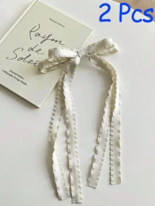 1Pc Satin Bow Hair Clip With Long Ruffled Tail,Ivory Cream Ribbon Bow Barrettes For Women,French Vintage Hair Accessories For Wedding Party Daily Wear - White - View 8