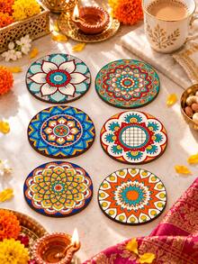 6pcs Diwali Wooden Coasters, Multicolor Mandala Round Wooden Coasters, Bohemian Floral Geometric Tabletop Protector, Kitchen Dining Home Decor, Diwali Coffee Tea Cup Decoration, Holiday Party Table Gift - Multicolor - View 8