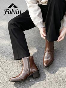Men's Vintage Western Style Brown Pointed Toe Ankle Boots, Multi-Layer Strap Decor Chunky Square Heel Inner Zipper Non-Slip Wear-Resistant Sole Comfortable Dress Boots, Suitable For Business Commute, Wedding Party, Date Night Out And All-Season Daily Fashion Wear - Brown - View 7