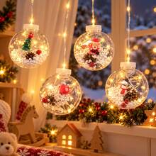 USB Operated Christmas Clear Bauble Curtain Lights, Hanging Globe Fairy Lights With Mini Pinecone & Snow Decor, Cute Xmas Figures Inside, Warm Glow For Balcony Window Styling - Sphere - View 3