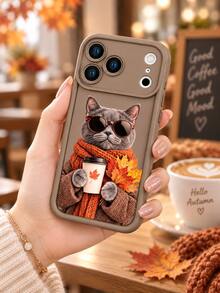 1pc Autumn Cat Phone Case Brown Fashion Glasses Grey Cat Coffee Maple Leaf Print Protective Shell Warm Vintage Phone Accessory Compatible With Iphone 18 Pro Max/18 Pro/17/16/15/14/13/12/11/Pro/Pro Max/X/XR/XS/XS Max/7/8/Plus Compatible With Samsung/Honor - Khaki - View 5