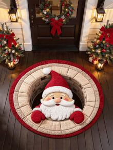 1pc Santa Claus Chimney Round Rug, Realistic Visual, Santa Claus Peeking Out Of Chimney, Atmosphere Boost, Eye-Catching Christmas Decor! Suitable For Living Room Carpet, Carpet, Living Room Area Rug, Area Small Rug, Mat, Home Decor, Living Room Large Carpet, Round Carpet, Living Room Home Decor, Room Decor, Washable Carpet - Multicolor - View 3