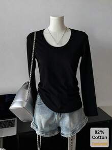 Áo thun nữ tay dài 100% cotton, màu đen đa năng, áo lót lớp trong dáng ôm màu trơn, thu đông - màu đen - Xem 1