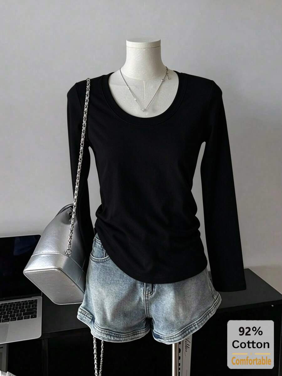 Áo thun nữ tay dài 100% cotton, màu đen đa năng, áo lót lớp trong dáng ôm màu trơn, thu đông - màu đen - Xem 1