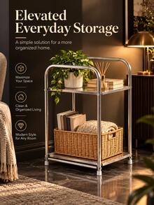 1pc Modern Stainless Steel Bedside Table, With Storage Function, Silver, Home Storage Rack, No Assembly Required, Height Under 27 Inches, Space-Saving Design, No Electricity Needed, Perfect For Placing Next To Sofa And Kitchen, Practical Storage Shelf - Multicolor - View 4