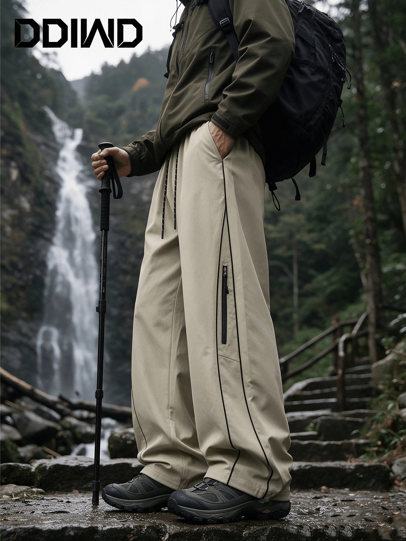 Men's Mountain Style Outdoor Cargo Pants, Drawstring Elastic Waist Skin-Friendly Wide Leg Hiking Pants - Khaki - View 1