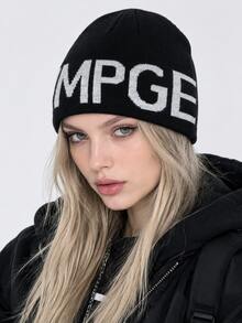 1pc Street Style Design Knitted Hat, Wide Letter Pattern Detail, Elastic Fit Warm, Unisex Autumn/Winter Woolen Hat, Daily Commute Outdoor Wear Accessory - A - View 2