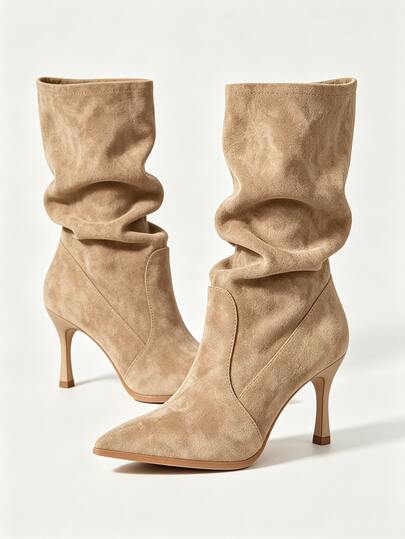 Women's Western Boots 2025 Autumn/Winter New Pointed Toe Chunky Heel Slip-On Wide Shaft Ruched Slouchy Knee-High Boots