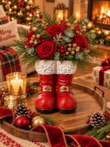 Vintage Red Boot-Shaped Planter/Vase, Double Boot Design With Gold Buckle, Rustic Farmhouse Style Desktop Floral Decor, Unique Home Decoration For Living Room, Entryway, Shelves And Coffee Table - B - View 10
