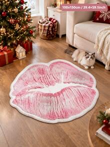 1pc Pink-White Gradient Lip-Shaped Velvet Irregular Floor Mat, Romantic Lip Contour, Soft Gradient Color, Delicate Velvet Texture, Creative Personalized Design, Suitable For Entryway Bedroom Soft Decor - Pink - View 5