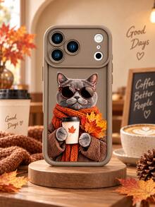 1pc Autumn Cat Phone Case Brown Fashion Glasses Grey Cat Coffee Maple Leaf Print Protective Shell Warm Vintage Phone Accessory Compatible With Iphone 18 Pro Max/18 Pro/17/16/15/14/13/12/11/Pro/Pro Max/X/XR/XS/XS Max/7/8/Plus Compatible With Samsung/Honor - Khaki - View 2