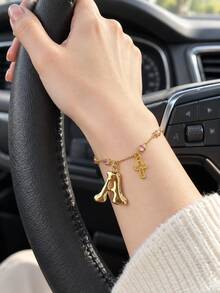 Car Steering Wheel Pendant, Alloy Metal Gold Plated, Pink Rhinestone Decor, Custom Letter A & Cross Charm, Adjustable Chain, Cute Car Interior Decoration Ornament For Vehicle Decor - Letter Cross Pendant - View 3