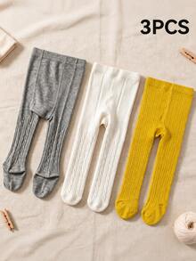 3 Pairs Twisted Cable Knit Fine Vertical Striped Candy Color Girls Tights, Solid Color Kids Socks For All Seasons, Double Needle Girls Tights - Multicolor - View 6
