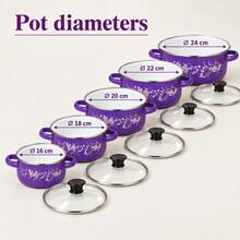 10-Piece Cookware Set, 5 Floral-Pattern Pots With Glass Lids, 16/18/20/22/24 Cm, Random Colour Delivery - View 3