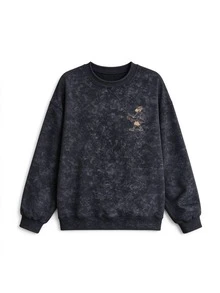 Women's Vintage Skateboard & English Letter Print Sweatshirt, Distressed Washed Effect, Loose Fit, Crew Neck Long Sleeve, Casual Street Style, Autumn/Winter - Black Tie-dye - View 6