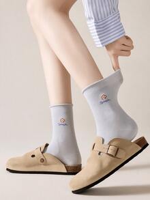 5 Pairs Rolled Edge Floral Mid-Calf Socks, Soft Macaron Color, Cotton, Simple Versatile Casual Women's Socks - Multicolor - View 2