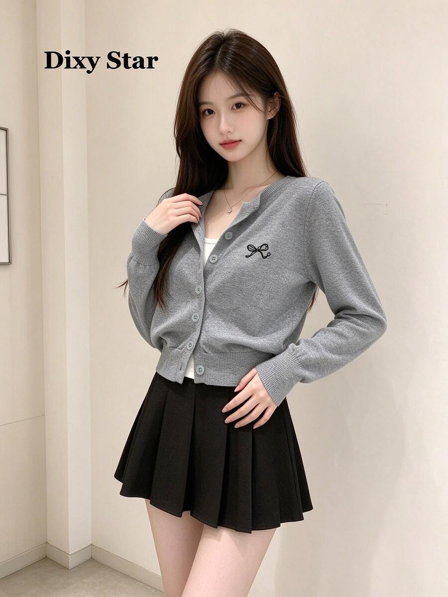 Women's Long Sleeve Embroidered Bow Knit Cardigan Jacket, Premium Autumn/Winter Outerwear - Grey - View 1