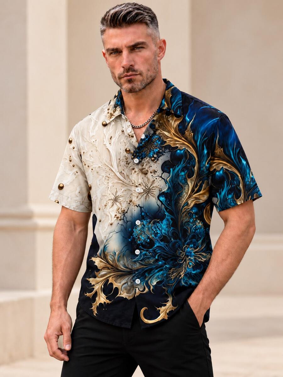 Men Plus Size Hawaiian Holiday Casual Outdoor Carnivorous Plant Colorful Art 3D Digital Print Collared Pocket Short Sleeve Shirt - Multicolor - View 1