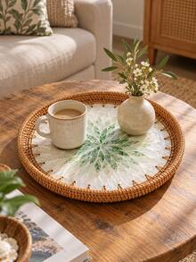 1PC Round Rattan Decorative Tray With Shell-Style Mosaic Inlay, Woven Rim Coffee Table Organizer For Living Room, Entryway & Vanity, Boho Coastal Home Decor, Housewarming Gift - Multicolor - View 3