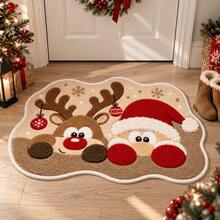 1pc Cute Cartoon Shaped Christmas Door Mat, 3D Plush Santa Claus & Reindeer Rudolph Snowflake Christmas Ball Pattern Rug, Suitable For Front Door, Entryway, Hallway, Bathroom Home Decor, Soft Plush Non-Slip Absorbent Carpet, Christmas Holiday Decoration Gift - Multicolor - View 1