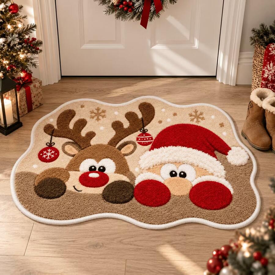 1pc Cute Cartoon Shaped Christmas Door Mat, 3D Plush Santa Claus & Reindeer Rudolph Snowflake Christmas Ball Pattern Rug, Suitable For Front Door, Entryway, Hallway, Bathroom Home Decor, Soft Plush Non-Slip Absorbent Carpet, Christmas Holiday Decoration Gift - Multicolor - View 1