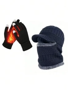 2PCS Unisex Autumn/Winter Warm Knitted Hat & Neck Warmer Set, Windproof Thermal Lined Beanie With Matching Gloves, Versatile Knit Cap Set - Multicolor - View 3