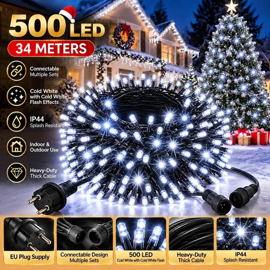 AUX 500 LED Connectable Christmas String Lights, 34M Heavy-Duty Thick Cable Fairy Lights, Extendable With Cold White Flash Effect, IP44 Waterproof, Plug-In Indoor & Outdoor Christmas Decorations For Tree, Garden, Patio, Balcony, Terrace, Wedding & Party - White - View 1