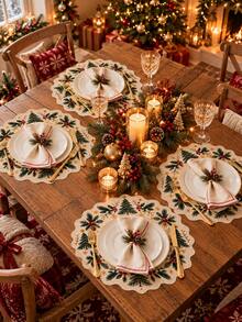 2 PCS Green Christmas Tree Placemats, Rustic Linen Round Scalloped Table Mats, Pine Branch Holly Berry Snowflake Print, Festive Dining Place Mats For Christmas Dinner, Holiday Party, Winter Kitchen Table Decor - Multicolor - View 3