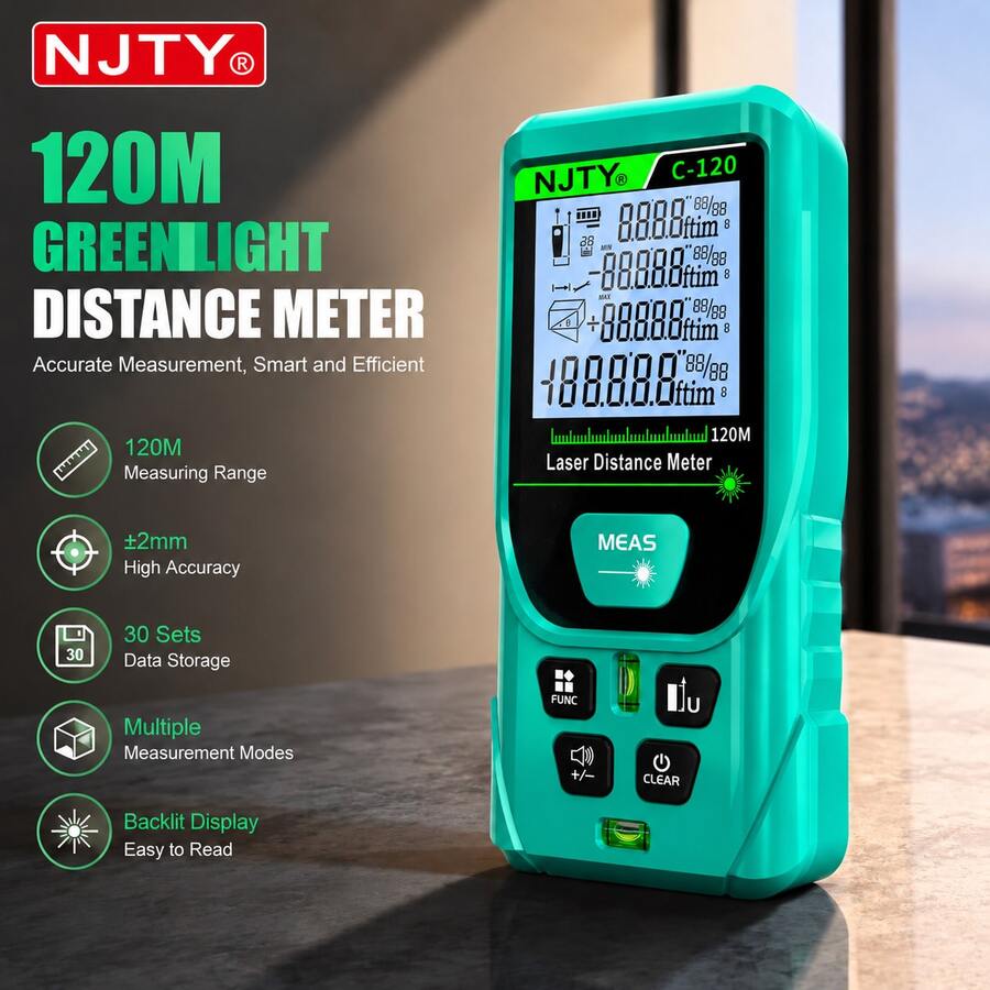 NJTY Laser Distance Meter, ±1mm High Accuracy Digital Measure Tool With Backlit LCD Display, Bubble Level, Area/Volume/Pythagorean Measurement, 30 Data Storage, Portable Range Finder For Construction, Home Renovation & DIY - A - View 1