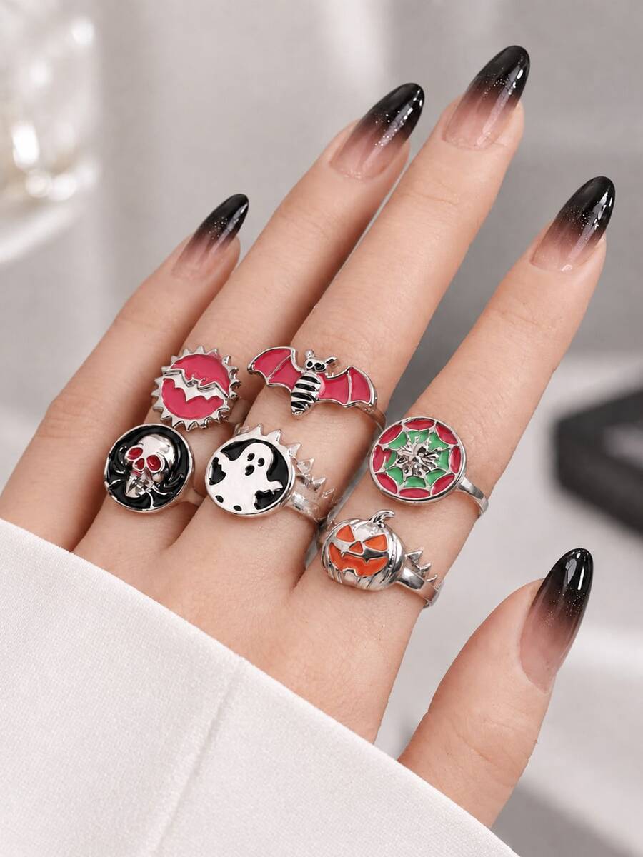 6pcs Silver Halloween Drip Oil Ring Set For Women, Gothic Red Eye Skull Pumpkin Ghost Crown Bat Spider Web Stackable Rings, Quirky Party Finger Jewelry - Multicolor - View 1