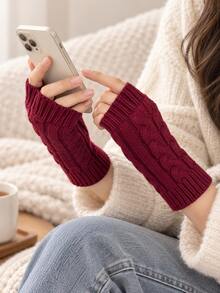 1 Pair Women's Warm Knitted Fingerless Gloves, Suitable For Autumn, Winter And Summer - Burgundy - View 2
