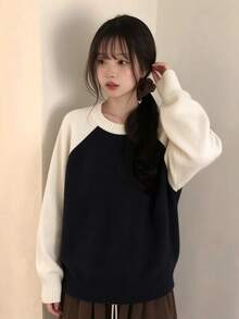 Korean Style Colorblock Knit Sweater For Women, Minimalist Loose Soft Flattering Casual Long Sleeve Base Layer Top - Black - View 1