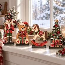 4pcs Christmas Wooden Figurines Set, Vintage Style Holiday Tabletop Decor, Includes Christmas Soldier, Bear, Rocking Horse, Christmas Tree Shapes, Suitable For Home Fireplace, Windowsill, Desk, Display Cabinet And Christmas Party Decoration - A - View 1