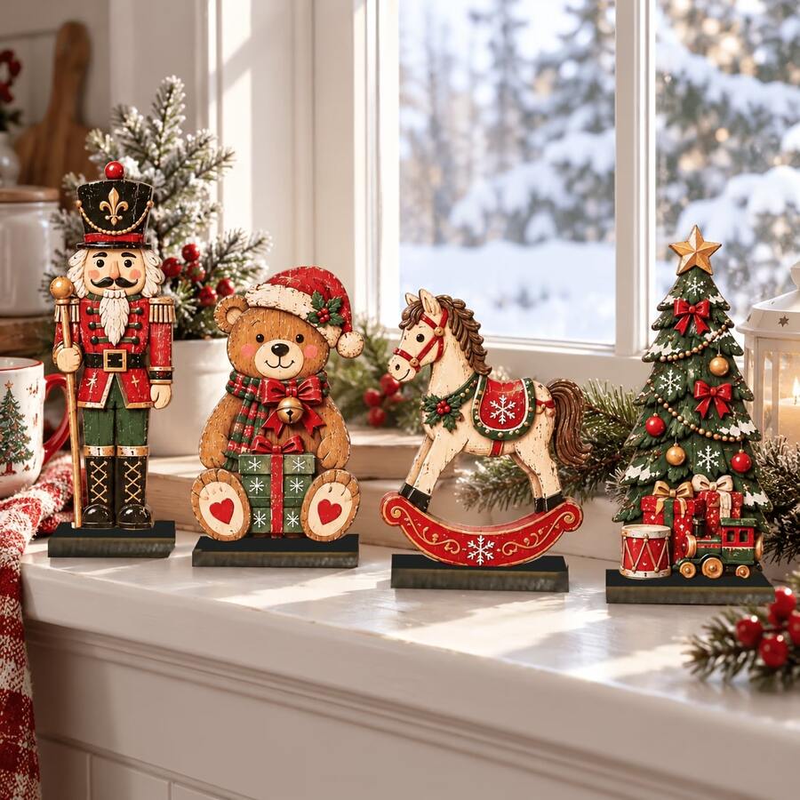 4pcs Christmas Wooden Figurines Set, Vintage Style Holiday Tabletop Decor, Includes Christmas Soldier, Bear, Rocking Horse, Christmas Tree Shapes, Suitable For Home Fireplace, Windowsill, Desk, Display Cabinet And Christmas Party Decoration - A - View 1