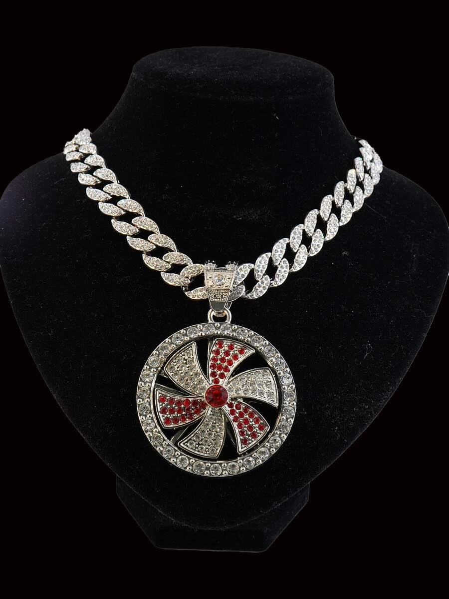 Fully Rhinestoned Rotating Windmill Pendant Necklace, European And American Hip-Hop Style, Suitable For Daily Wear