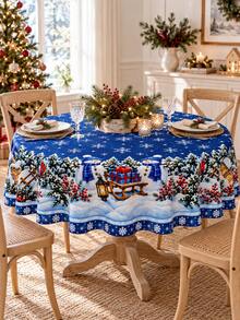 Christmas Tablecloth, Deep Blue Snowman Snow Village Snowflake Pine Tree Border Print, Winter Fairy Tale Style Rectangular Dining Tablecloth, Suitable For Restaurant Kitchen Christmas Party Holiday Home Decor - Multicolor - View 3