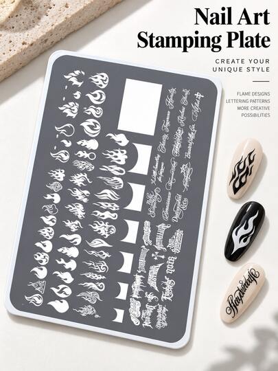 Nail Art Stamping Plates, High Aesthetic, Multiple Pattern Combinations, Easy Transfer, Clear Lines, Suitable For Christmas And Halloween Nail Art Creation, Nail Salon Practical Use, Home DIY, Salon Creation, Handmade Nail Art Modification, Various Flame And English Letter Patterns