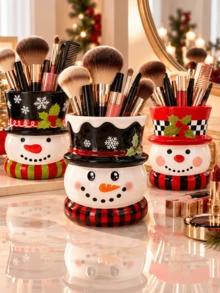 1Pc Whimsical Character Shaped Storage Cup, 3D Raised Pattern Detail, Desktop Cosmetic Tool Organizer For Christmas Vanity Decor - Multicolor - View 6