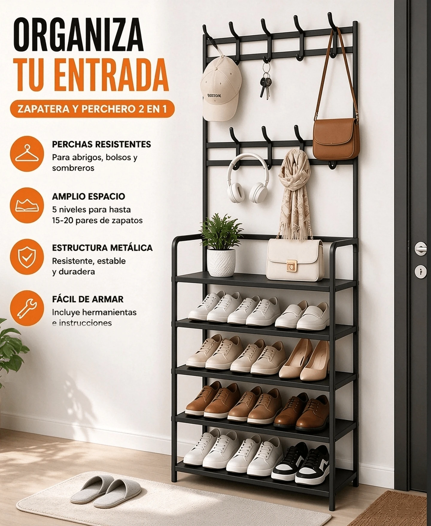 Marco Metal Hogar estantes De Zapatos Muebles caja Organizador, Zapatera Apilables Multiusos Armable Estante Cajas para zapatos Portátil 4/5 Niveles 18 Pares cajones mueble ropa,Zapatero para armario,organizador de zapatos con sombrero, perchero, estante de entrada para almacenamiento grande Zapatero para armario