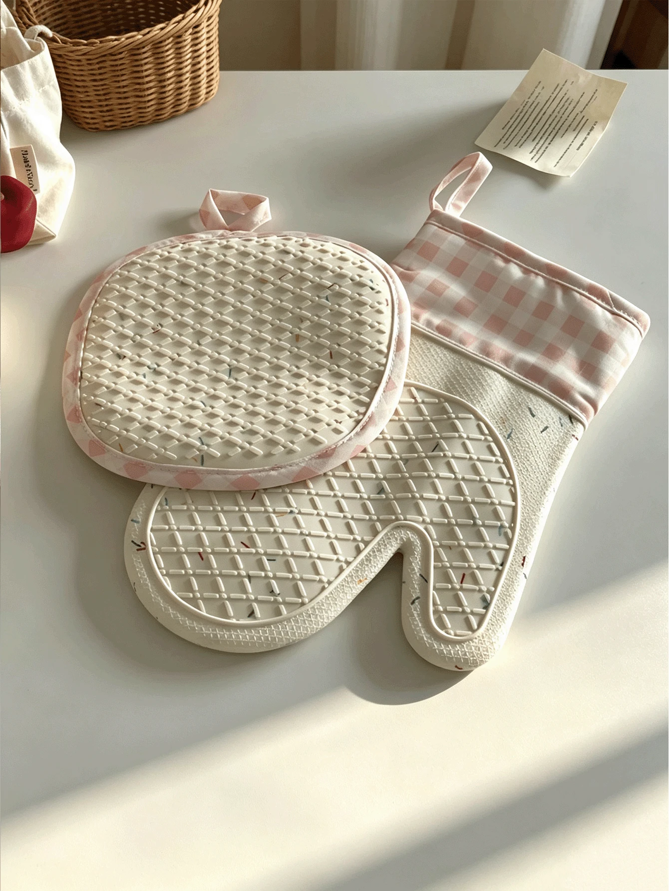 1pc/2pcs Silicone Gloves And Pot Holder Set, Minimalist Pink Plaid Series, Silicone Oven Mitts, Heat Resistant Microwave Oven Mitts, Non-Slip Kitchen Baking Cooking Gloves, Kitchen Gadget - View 1