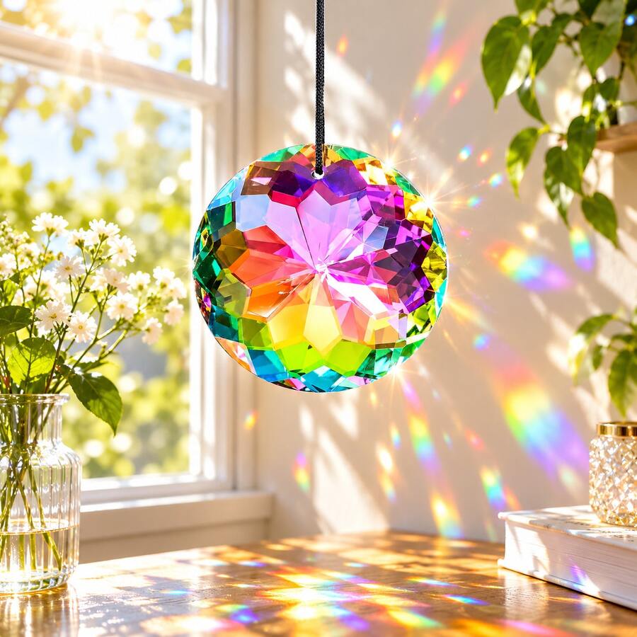 Round Rainbow Suncatcher Hanging Ornaments, Colorful Faceted Pendants For Window, Garden, Patio, Bedroom, Home & Boho Decor - 1 Pc - View 1