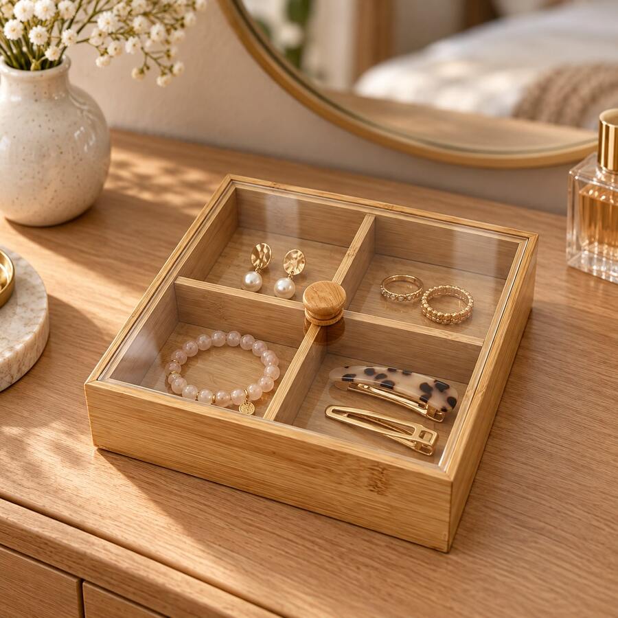 Clear Acrylic Lid Storage Box, Divided Organiser For Tea Sachets, Stationery And Small Accessories, Choice Of Three Layouts - View 1