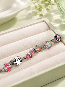 6pcs Silver Halloween Drip Oil Ring Set For Women, Gothic Red Eye Skull Pumpkin Ghost Crown Bat Spider Web Stackable Rings, Quirky Party Finger Jewelry - Multicolor - View 4