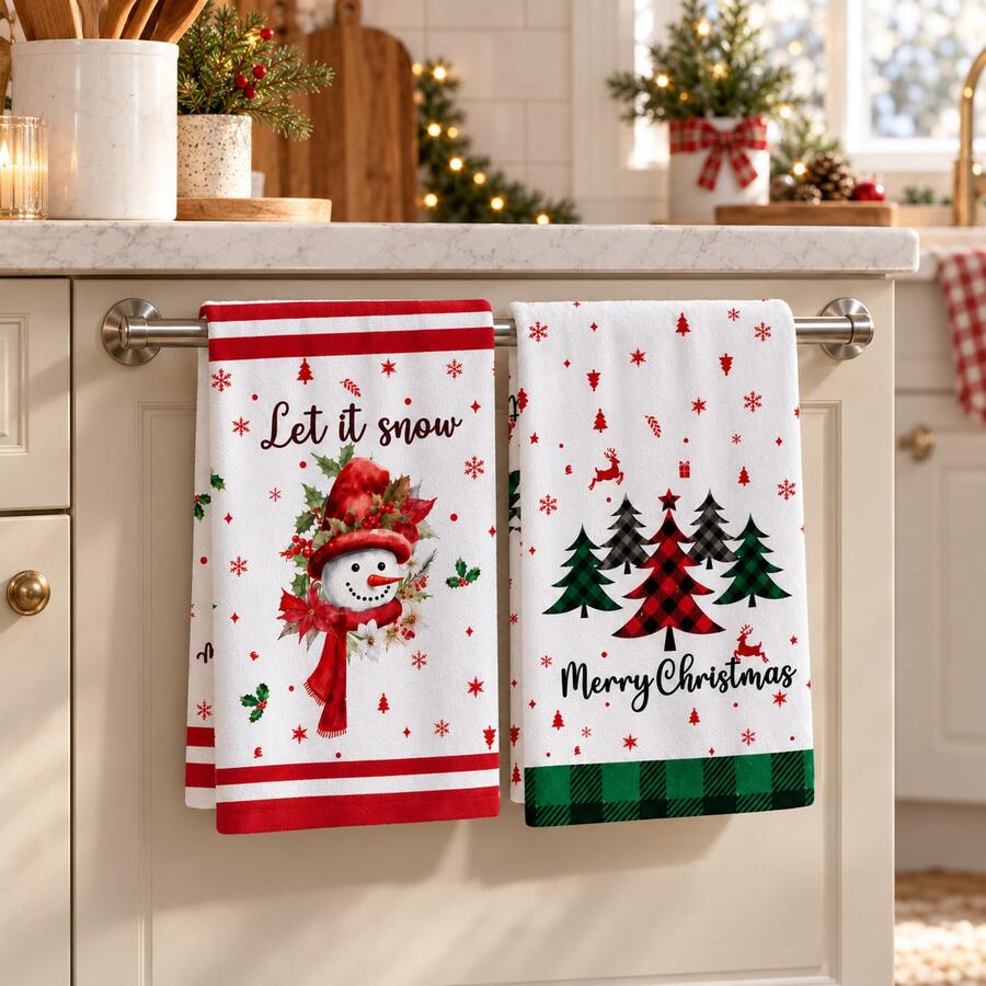 2pcs Snowman And Christmas Tree Pattern Christmas Kitchen Towels, American Country Style Rectangular Hand Towels, Tea Towels, Dish Cloths, Suitable For Kitchen Cleaning, Christmas Party, Winter Home Decor - Multicolor - View 1