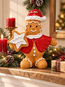 Christmas Gingerbread Man Figurine With Gift Box, Cute Santa Hat Holiday Decoration, Festive Tabletop Decor For Home, Mantel, Shelf, Christmas Party Display And Winter Holiday Accent - Gingerbread Man - View 1