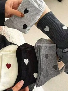 1/4/5雙灰色愛心圖案中筒襪，女款復古風，適合四季穿著，2/8/10入裝 - 彩色 - 查看 2