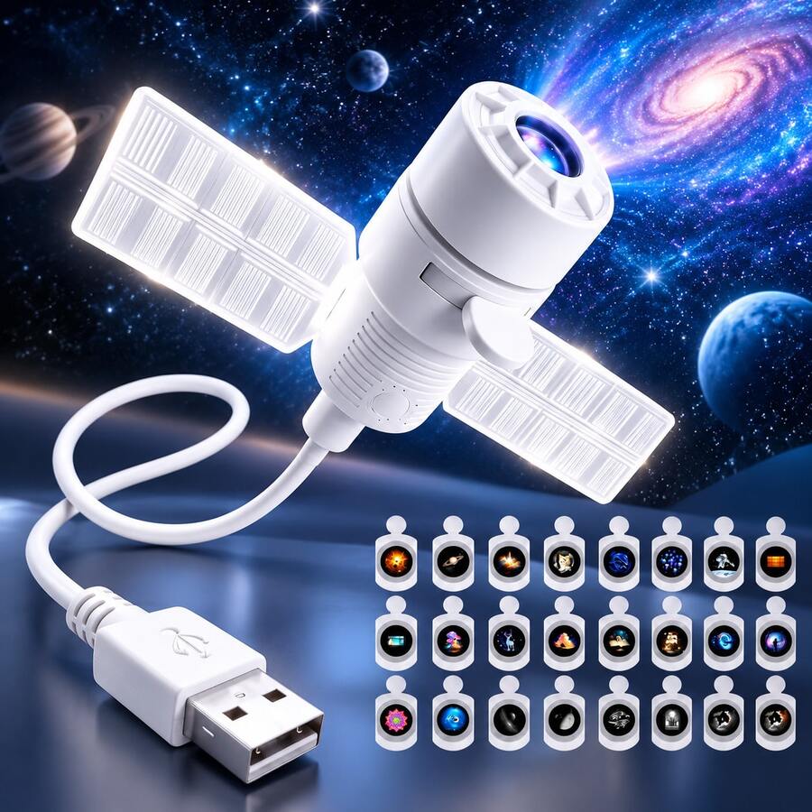 Satellite-Shaped USB Projector Light, Spaceship Design, 360° Flexible Neck, Includes 25 Slide Set, Side Wing Night Light, 45-Minute Timer, Touch Control, Bedroom Desk Decor Gift - 25-slide Set - View 1