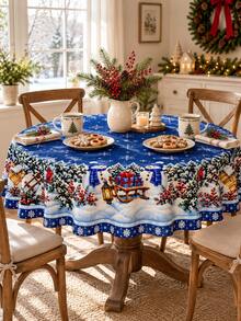 Christmas Tablecloth, Deep Blue Snowman Snow Village Snowflake Pine Tree Border Print, Winter Fairy Tale Style Rectangular Dining Tablecloth, Suitable For Restaurant Kitchen Christmas Party Holiday Home Decor - Multicolor - View 14