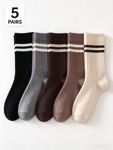 5 Pairs Striped Knit Mid-Calf Socks, Black White Brown Grey Sweet Style Socks - Multicolor - View 2